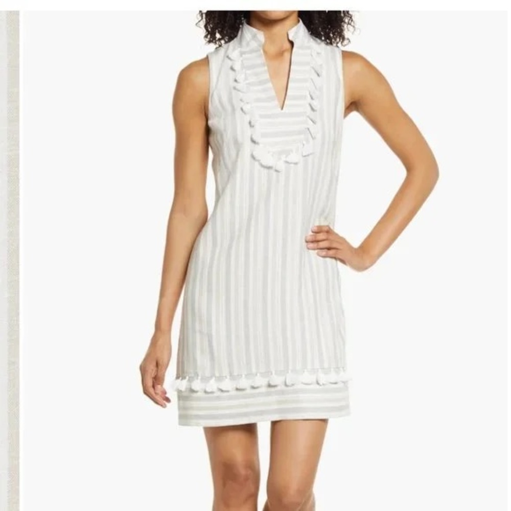 Eliza J Striped Linen Mandarin Collar Tassel V-Neck Sleeveless Dress Tan Cream 8